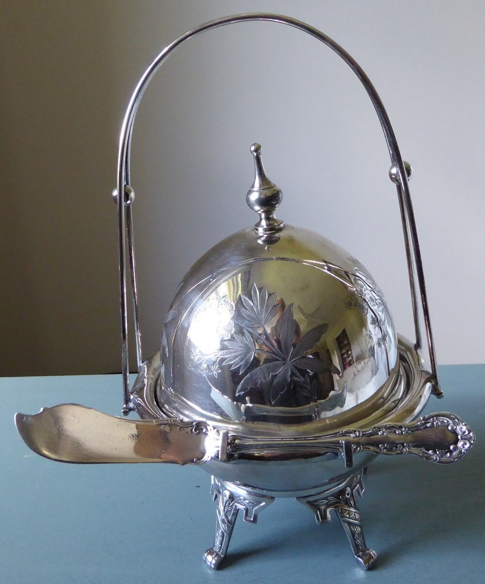c1870 Rogers & Smith New Haven Butter Dish Dome w Gorham Cambridge Sterling Knfe